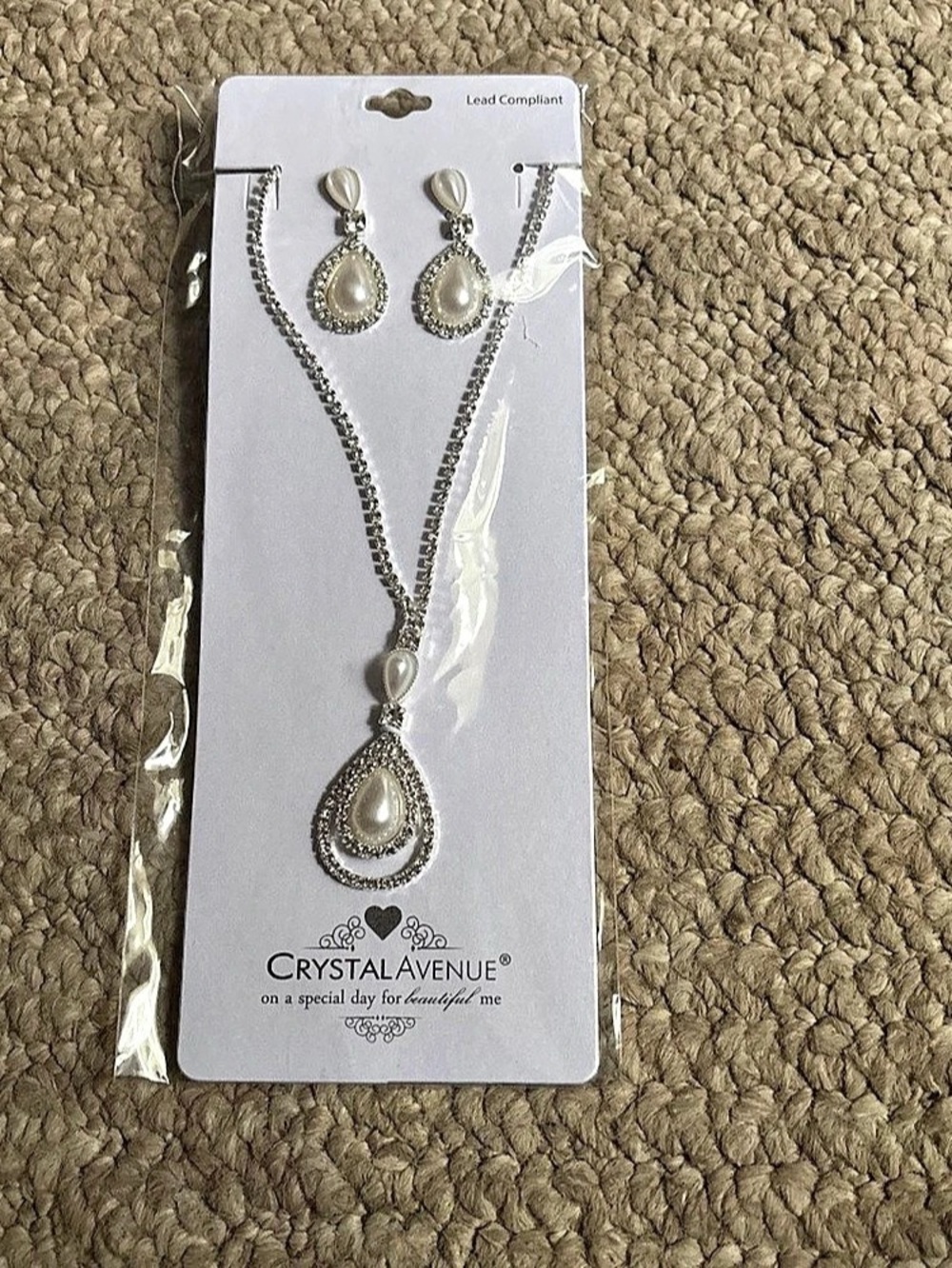 Crystal Avenue Teardrop Pendant Necklace & Earrings Set in Silver NWT